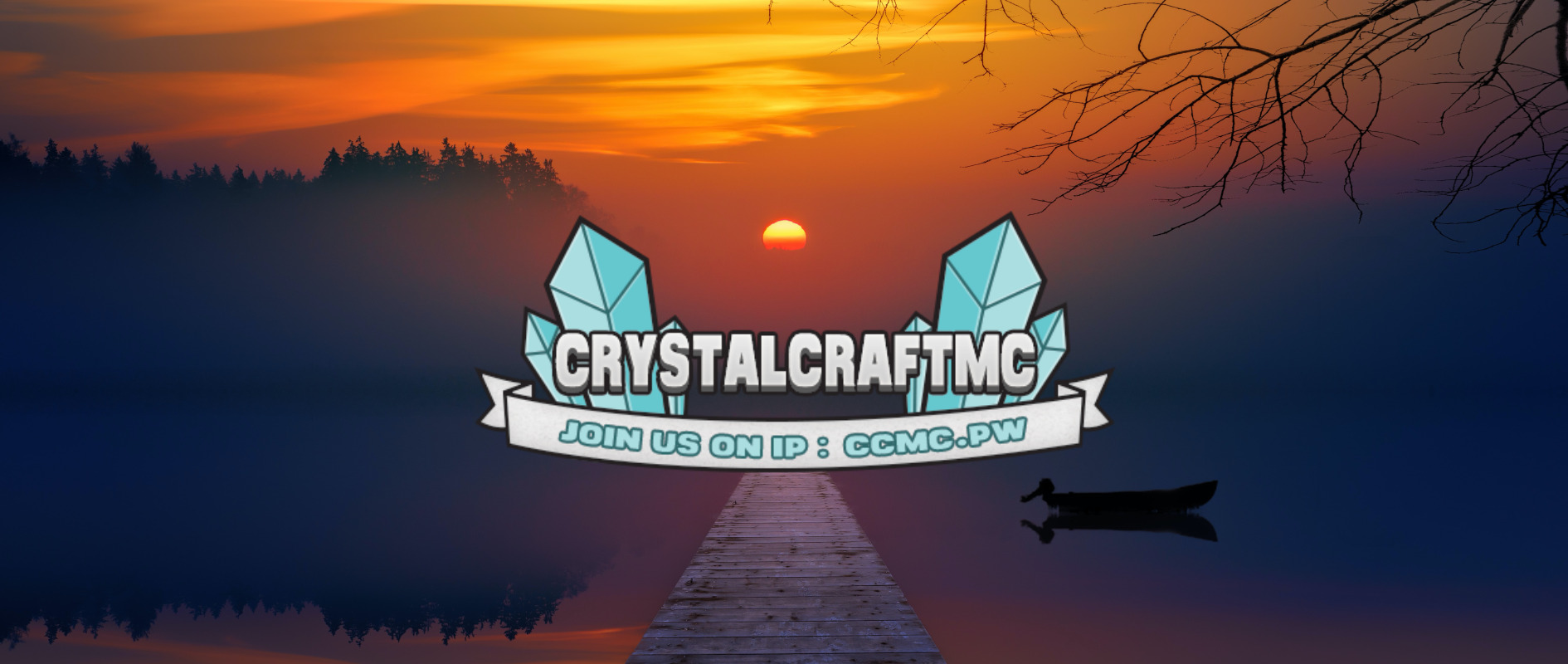 CrystalCraftMC forums sunset. The background picture shows a lake with the sun setting over it. The CrystalCraftMC forum logo appears in the center, slightly below the setting sun.